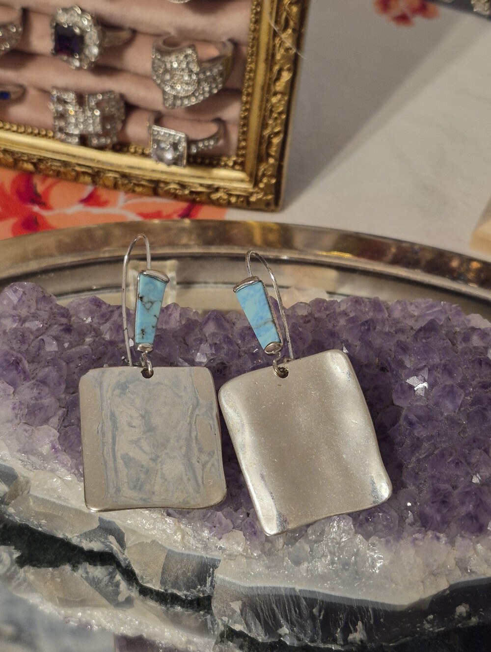 Robert Lee Morris Soho Silver Square Southwest Turquoise Stone Dangle Earrings